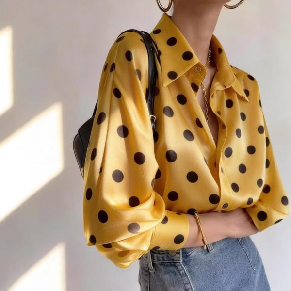 Women's Satin Polka Dot Shirt – Long Sleeve Cardigan Style - Premium Activewear for sale