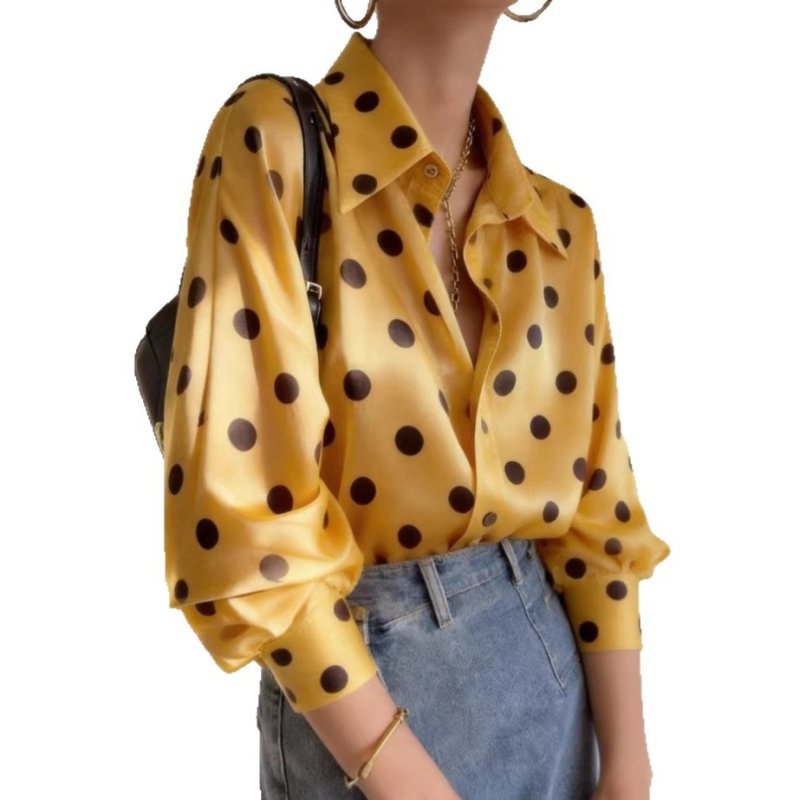 Women's Satin Polka Dot Shirt – Long Sleeve Cardigan Style - Premium Activewear for sale