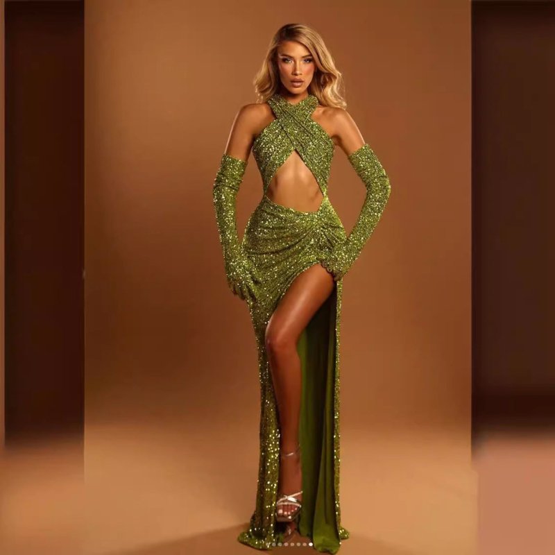 Women's Sequin Halter Hollow - Out Mini Dress with Gloves - Premium Dress for sale
