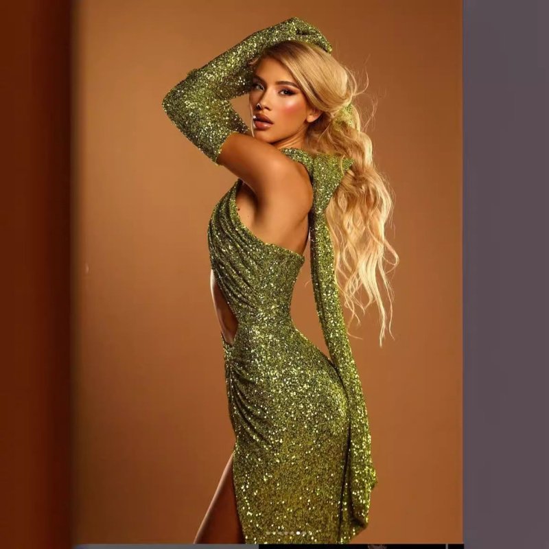 Women's Sequin Halter Hollow - Out Mini Dress with Gloves - Premium Dress for sale