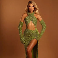 Women's Sequin Halter Hollow - Out Mini Dress with Gloves - Premium Dress for sale
