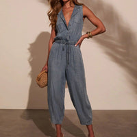 Women's Sleeveless Collared Denim Jumpsuit – Casual Washed Out Jean Romper - Premium for sale