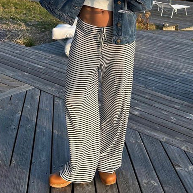 Women's Striped Print Trousers Y2K Fashion Casual Lace Up Home Straight Wide - leg Pants - Premium Activewear for sale