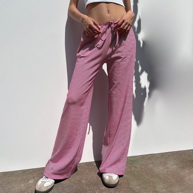 Women's Striped Print Trousers Y2K Fashion Casual Lace Up Home Straight Wide - leg Pants - Premium Activewear for sale