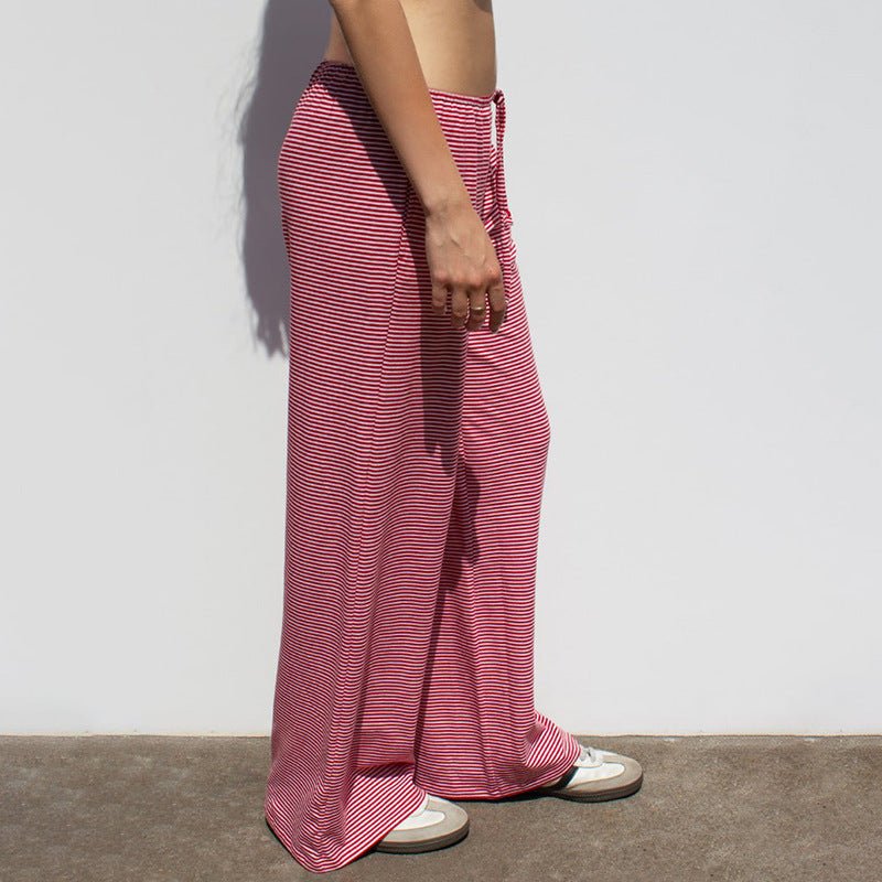 Women's Striped Print Trousers Y2K Fashion Casual Lace Up Home Straight Wide - leg Pants - Premium Activewear for sale