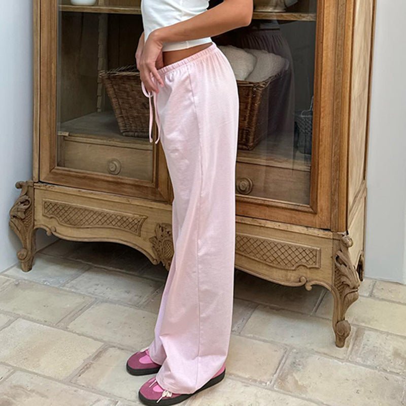 Women's Striped Print Trousers Y2K Fashion Casual Lace Up Home Straight Wide - leg Pants - Premium Activewear for sale