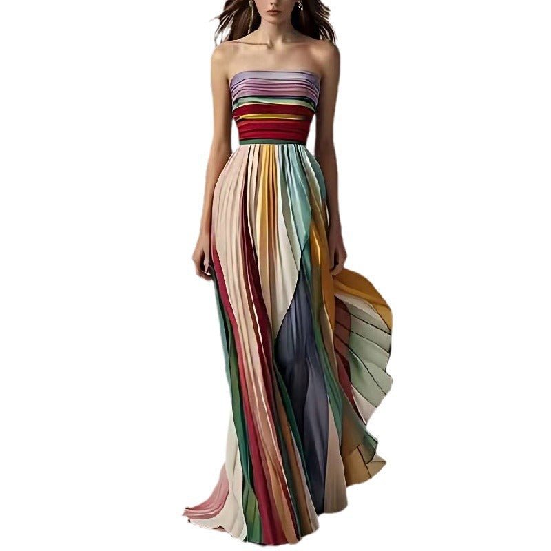 Women's Striped Tube Top Backless Swing Maxi Dress – High Waist A - Line - Premium Activewear for sale