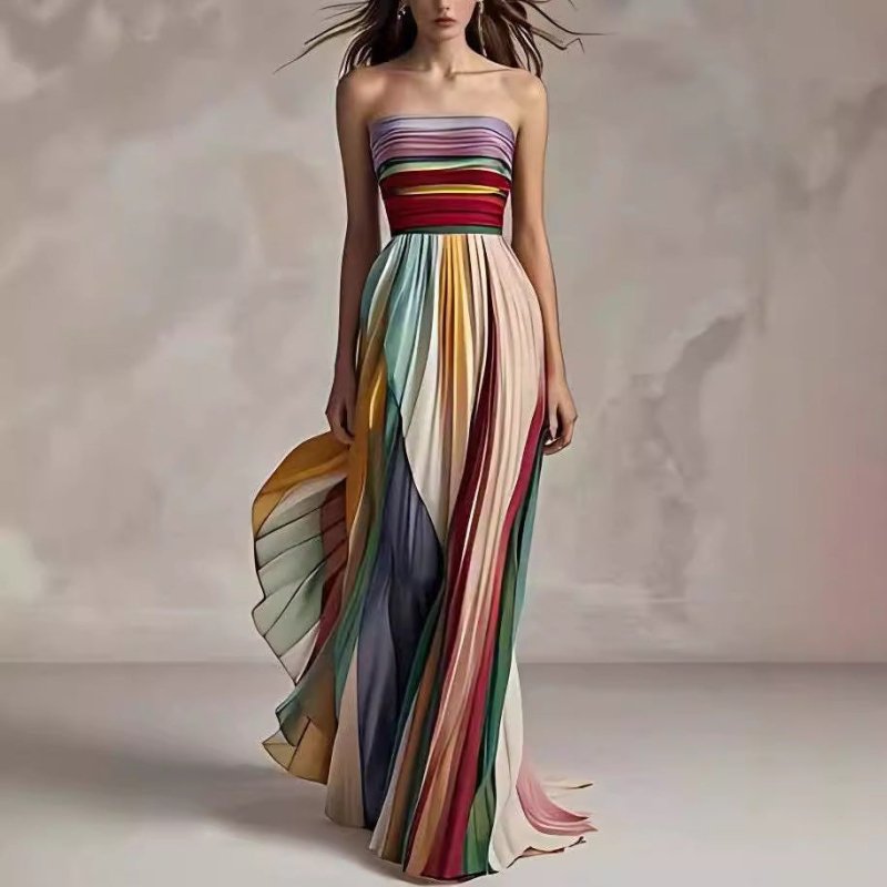 Women's Striped Tube Top Backless Swing Maxi Dress – High Waist A - Line - Premium Activewear for sale