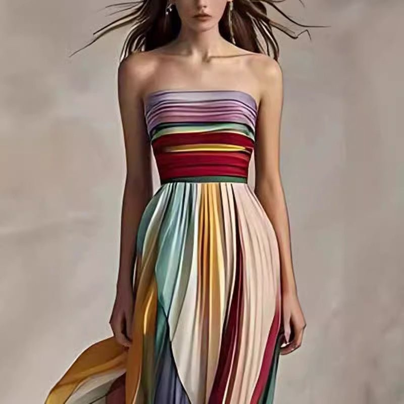 Women's Striped Tube Top Backless Swing Maxi Dress – High Waist A - Line - Premium Activewear for sale