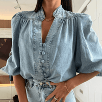 Women's V - Neck Lantern Sleeve Denim Blouse – Retro Casual 3/4 Sleeve Shirt - Premium for sale