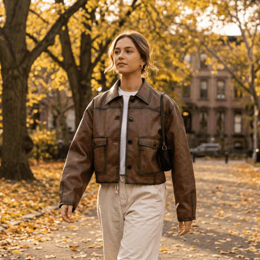 Women's Vintage Brown Faux Leather Moto Jacket lifestyle - Madragora