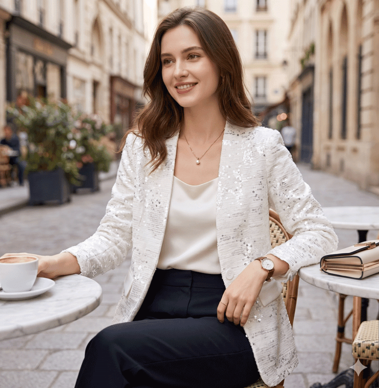 Women's White Sequined Blazer – V-Neck Long Sleeve Elegant - Premium Coats & Jackets for sale