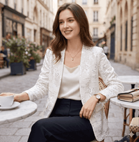 Women's White Sequined Blazer – V-Neck Long Sleeve Elegant - Premium Coats & Jackets for sale