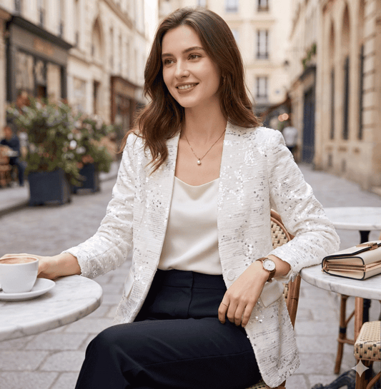 Women's White Sequined Blazer – V-Neck Long Sleeve Elegant - Premium Coats & Jackets for sale