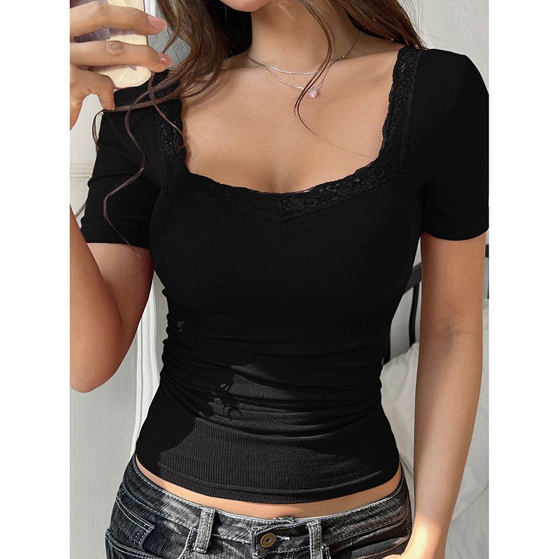 Women's Y2K Lace Trim Tee - Slim Fit U - Neck Short Sleeve Top - Premium Activewear for sale