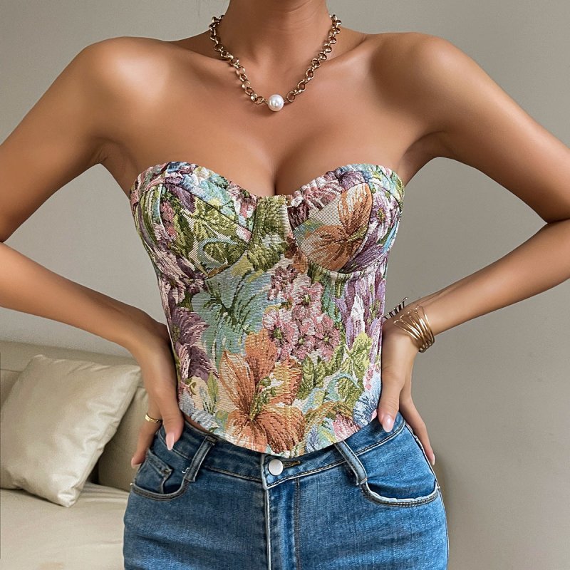 Y2K Floral Print Tube Top - Back - Tied Crop Corset Tank Women - Premium Activewear for sale