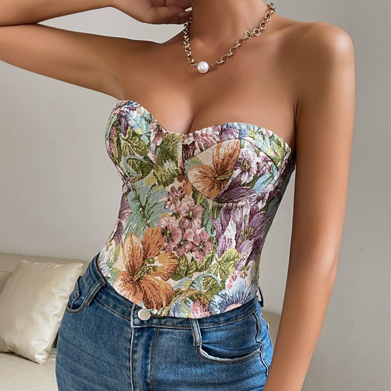 Y2K Floral Print Tube Top - Back - Tied Crop Corset Tank Women - Premium Activewear for sale