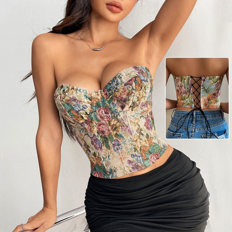 Y2K Floral Print Tube Top - Back - Tied Crop Corset Tank Women - Premium Activewear for sale