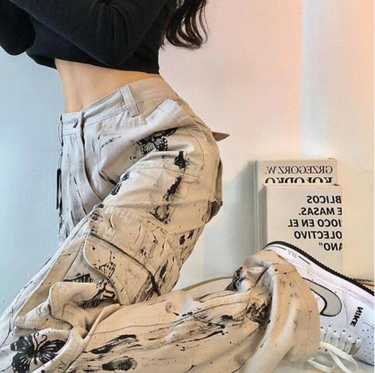 Y2K Tie - Dye Butterfly Tooling Pants Women - Splattered Ink Print - Premium Activewear for sale