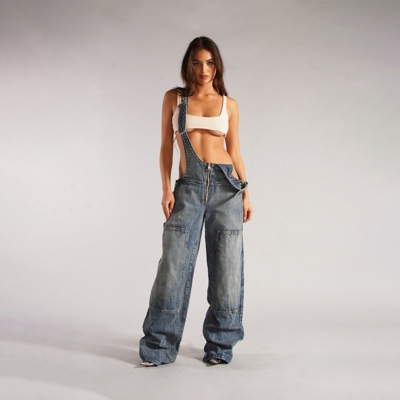 Y2K Zipper Denim Overalls - Loose Suspender Jumpsuit Streetwear - Premium Activewear for sale