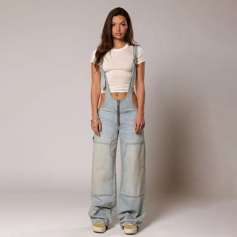 Y2K Zipper Denim Overalls - Loose Suspender Jumpsuit Streetwear - Premium Activewear for sale