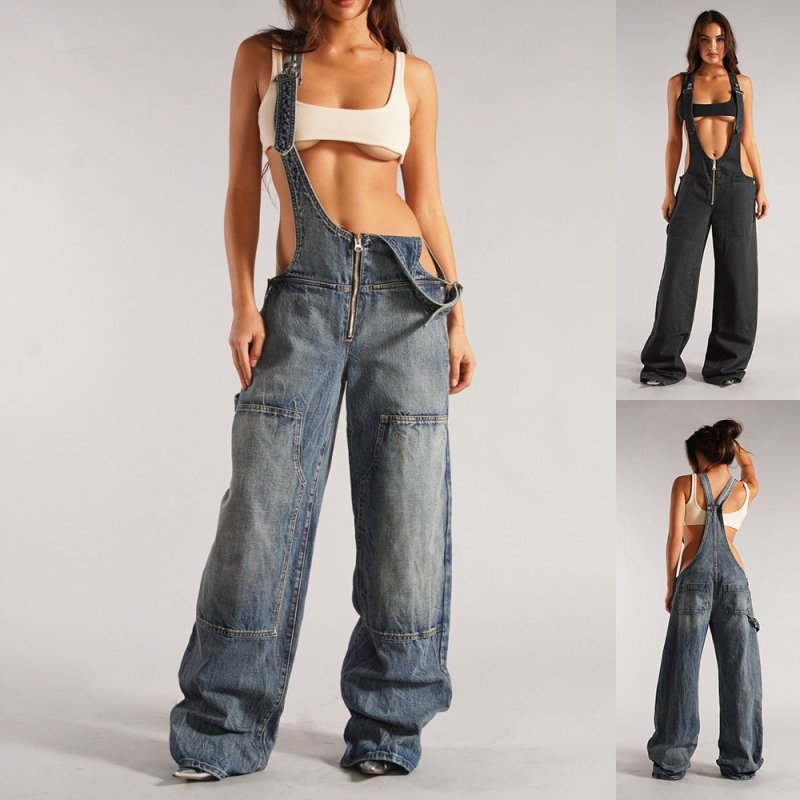 Y2K Zipper Denim Overalls - Loose Suspender Jumpsuit Streetwear - Premium Activewear for sale