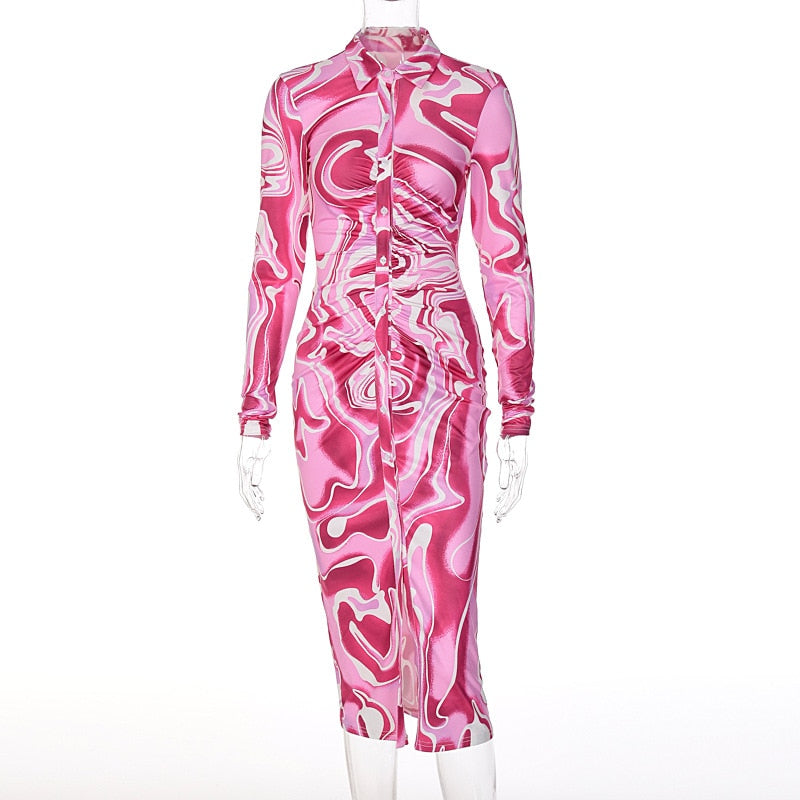 Fall Long Sleeve Button Up Flower Girls' Dresses Casual Print Tie Dye Vestido De Mujer Elegant Button Midi Dress for Women