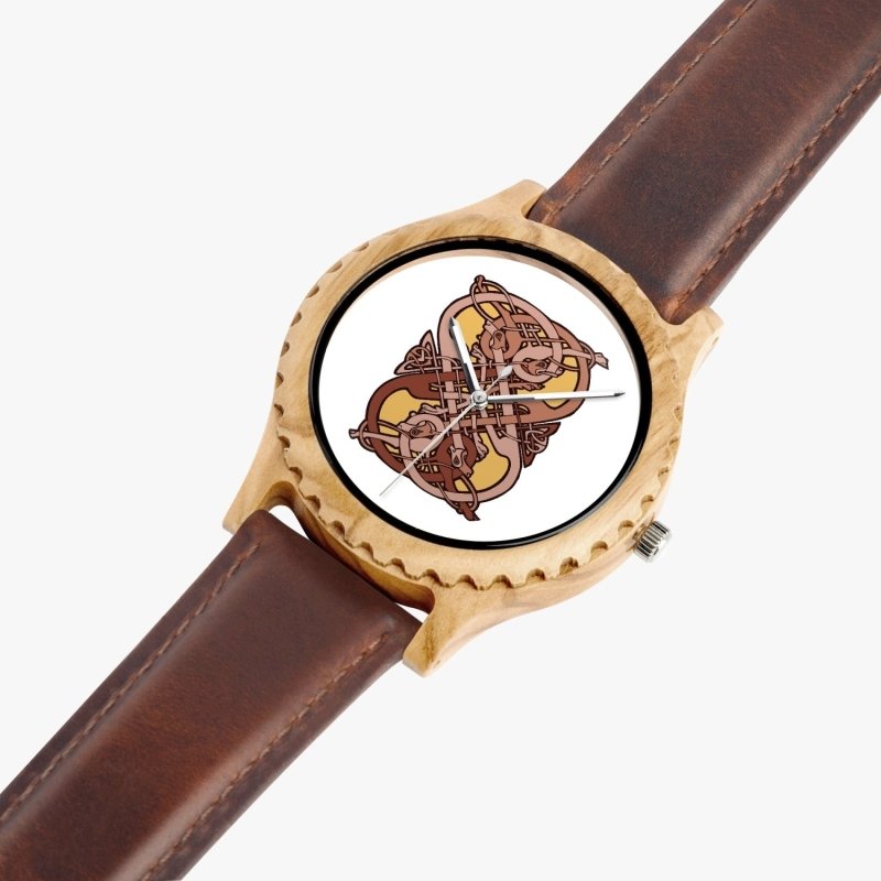 205. Italian Olive Lumber Wooden Watch - Leather Strap - Celtic graphic style