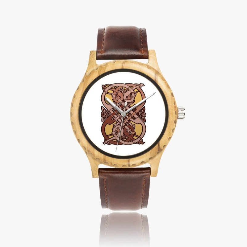 205. Italian Olive Lumber Wooden Watch - Leather Strap - Celtic graphic style