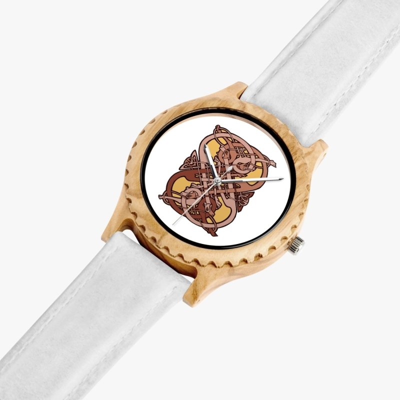 205. Italian Olive Lumber Wooden Watch - Leather Strap - Celtic graphic style