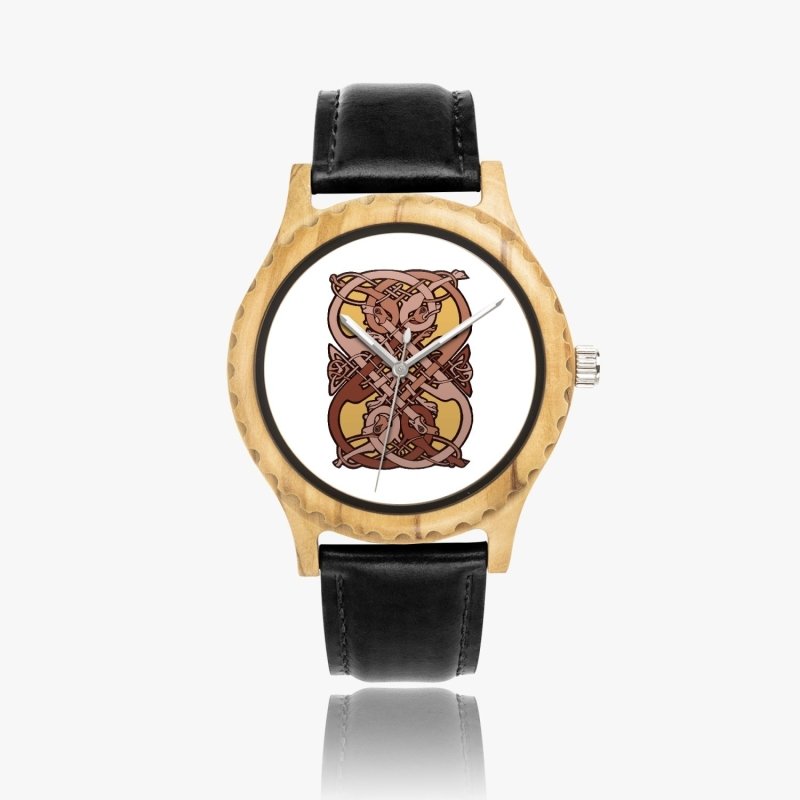 205. Italian Olive Lumber Wooden Watch - Leather Strap - Celtic graphic style