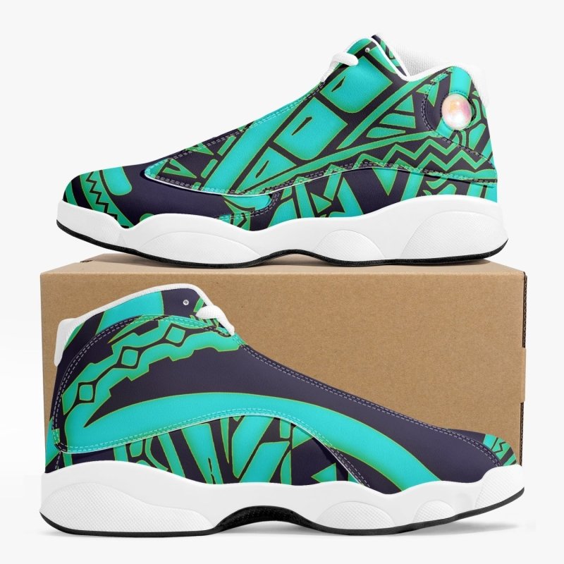243. High-Top Leather Basketball Sneakers - White - Polynesian Graphic Style Cyan with Blue