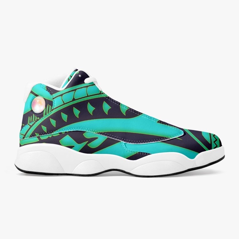 243. High-Top Leather Basketball Sneakers - White - Polynesian Graphic Style Cyan with Blue