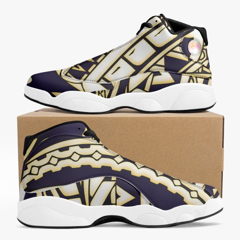 244. High-Top Leather Basketball Sneakers - Black - Polynesian Graphic style