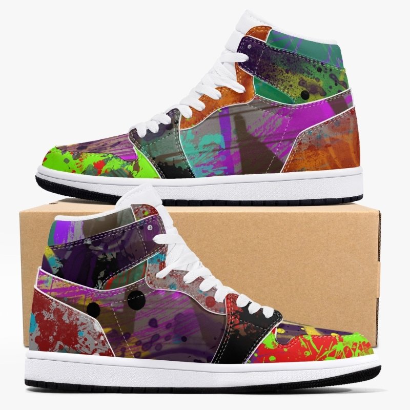 352. New Black High-Top Leather Sneakers - Graffiti style