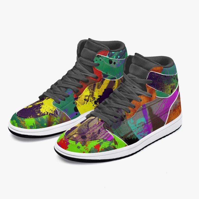 352. New Black High-Top Leather Sneakers - Graffiti style