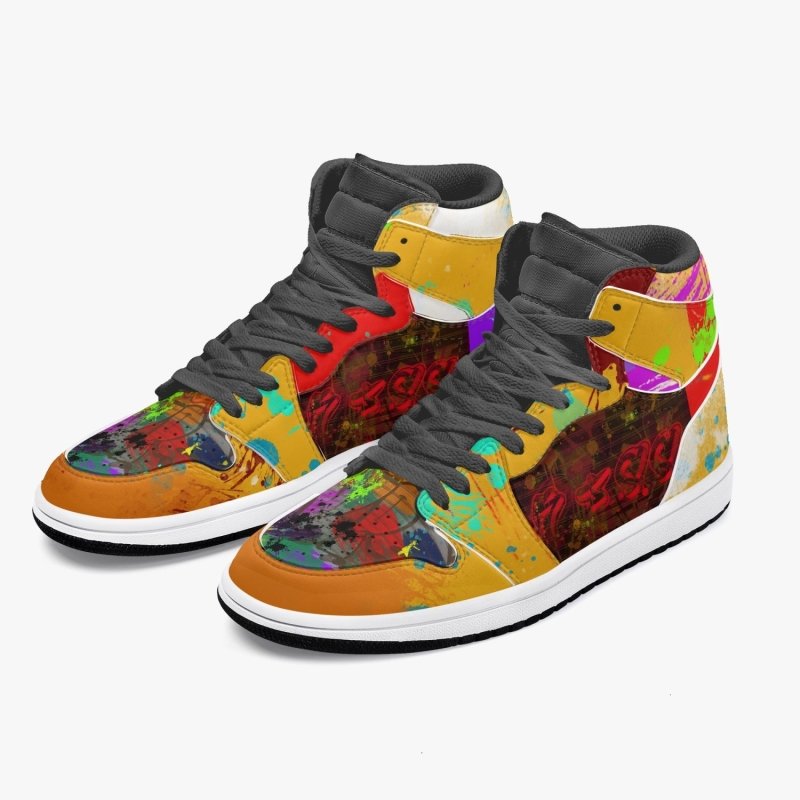 352. New Black High-Top Leather Sneakers - Graffiti style