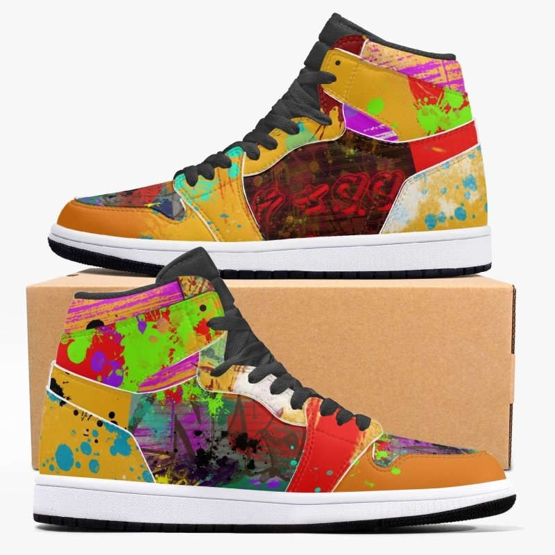 352. New Black High-Top Leather Sneakers - Graffiti style