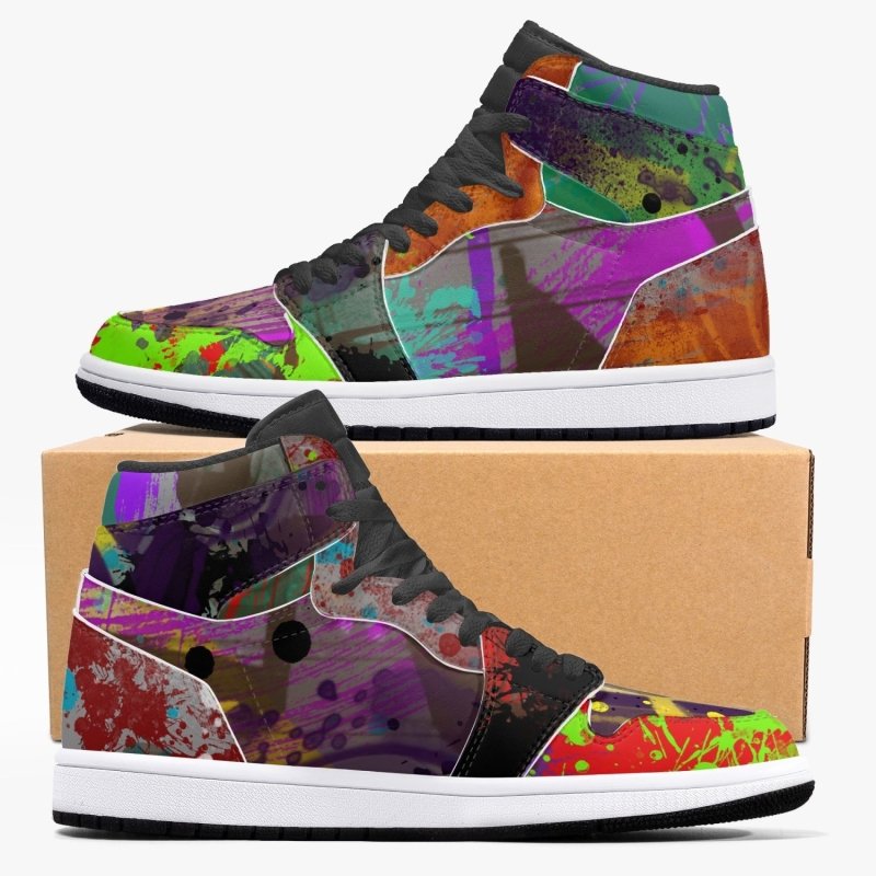 352. New Black High-Top Leather Sneakers - Graffiti style