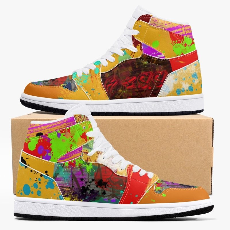 352. New Black High-Top Leather Sneakers - Graffiti style