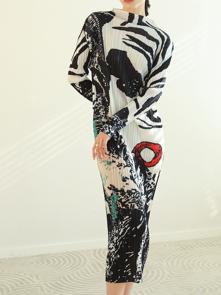 Zebra Printing Pleated Dress Women&#39;s Turtleneck Long Sleeves Slim Dresses Autumn Summer Elegant Clothing