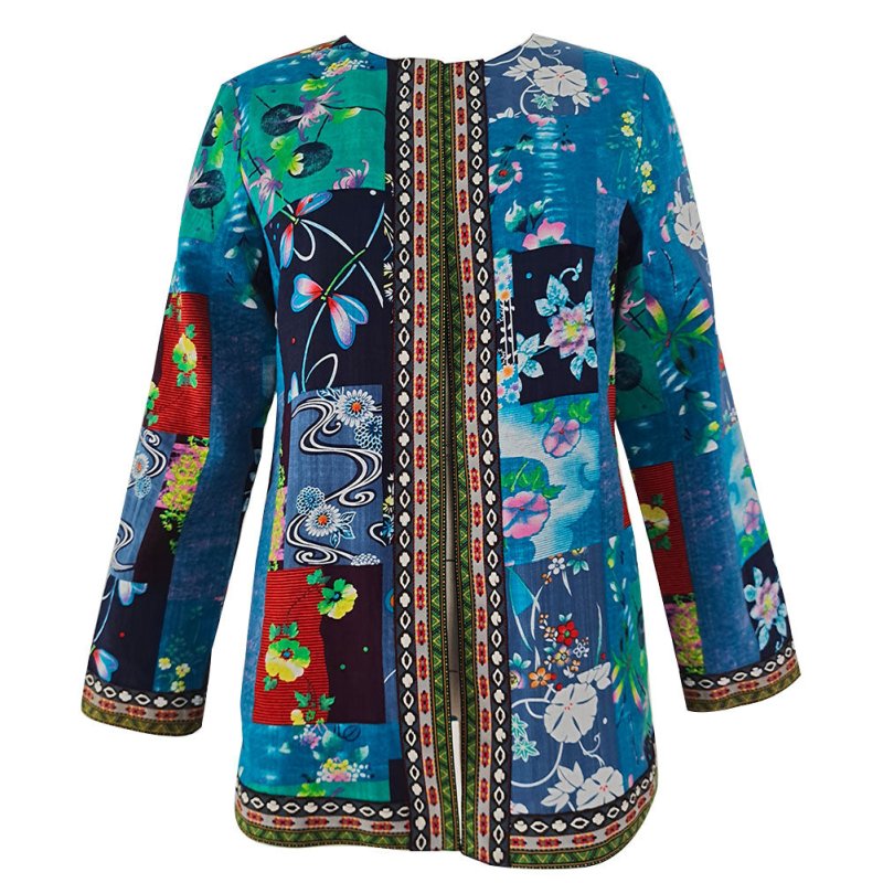 5XL Jacket Coat Women Fashion Autumn Winter Ethnic Floral Print Long Sleeve Loose Jacket Coat Cardigan
