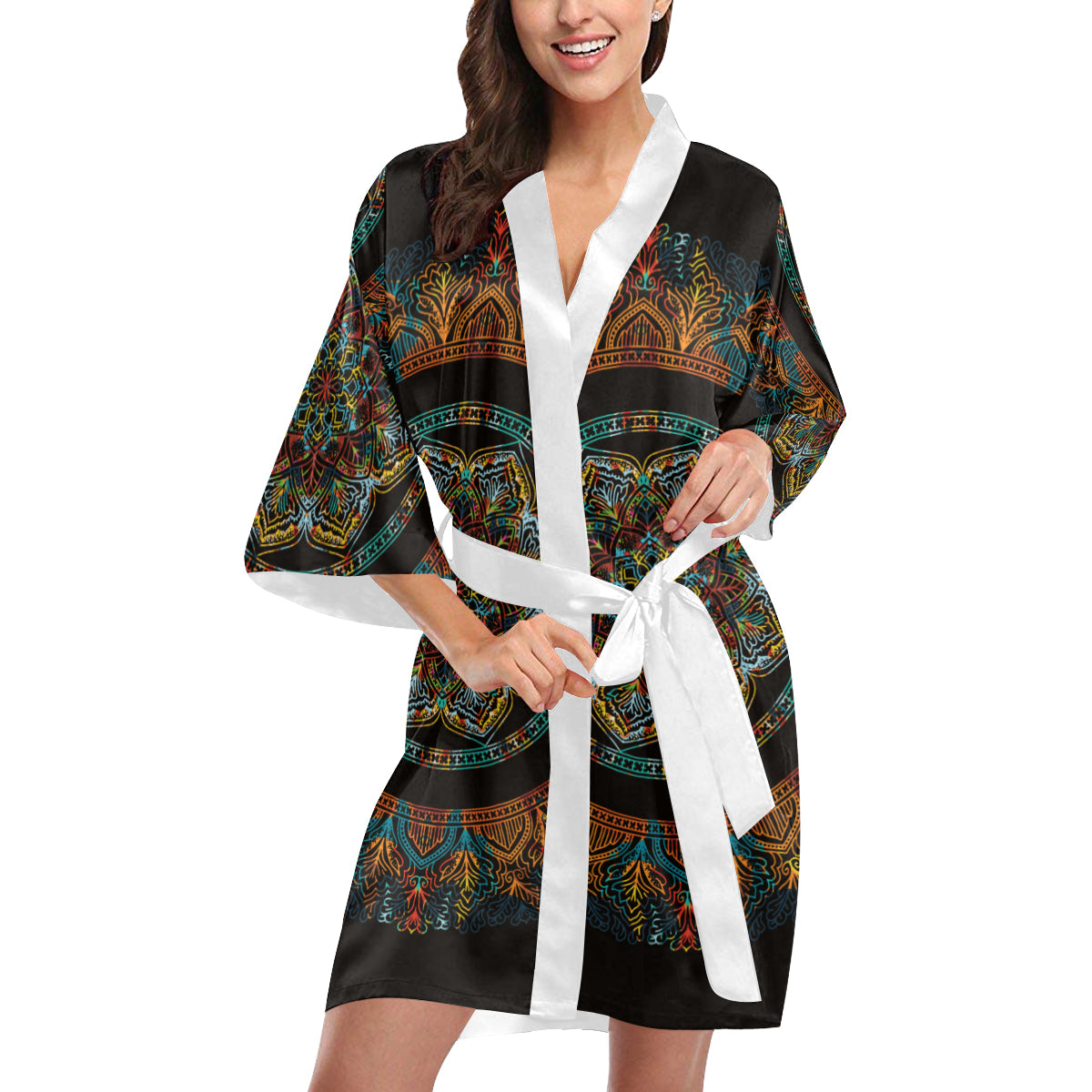 Women's Short Kimono Robe - Mandala Black&Color