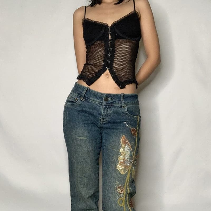 90s Vintage Butterfly Printed Denim Jeans