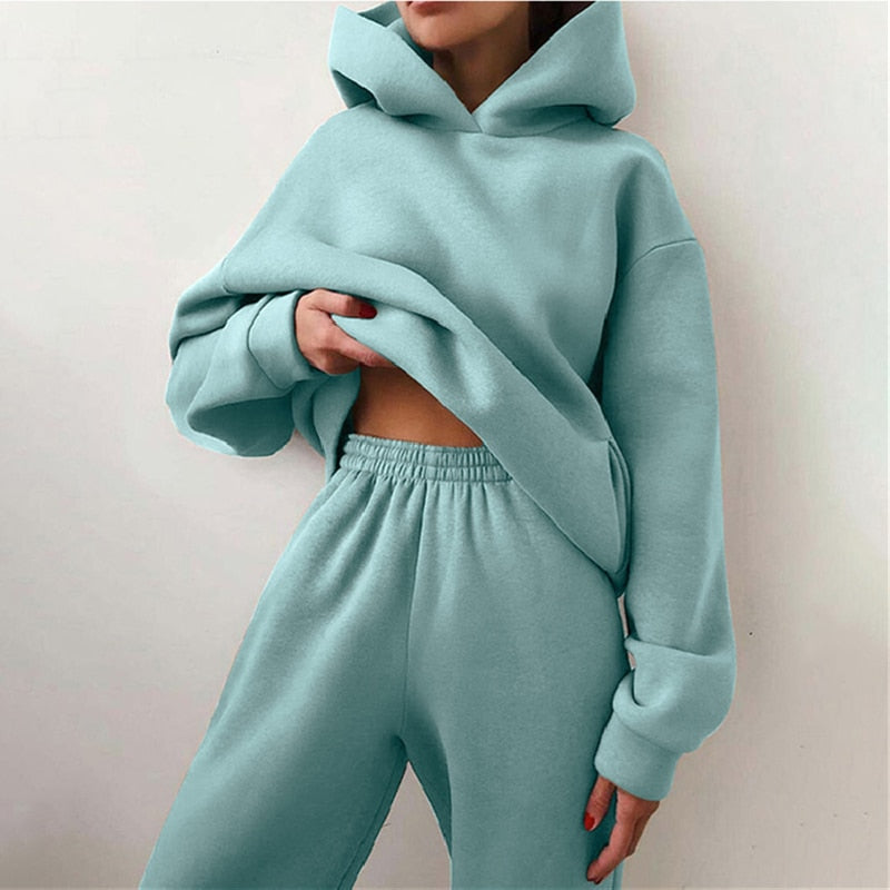 Women&#39;s Tracksuit Autumn Plus Fleece Sweatshirts Two Piece Set Casual Oversized Solid Female Sports Hoodie Suit Long Pant