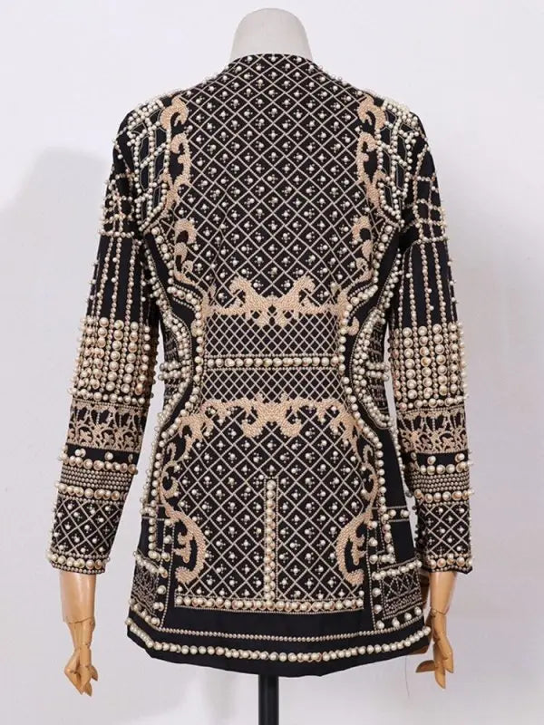 Women's Beaded Geometric Overcoat – V-Neck Vintage Long Coat