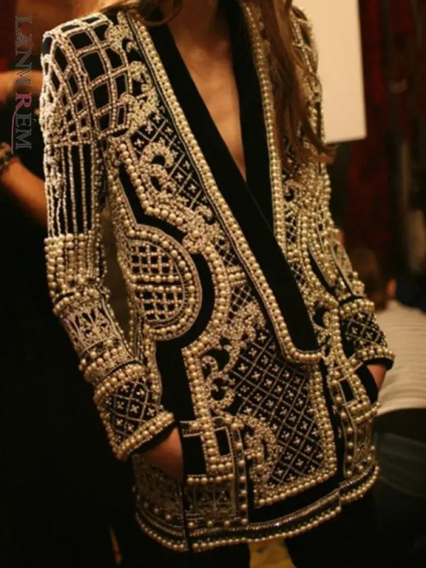 Women's Beaded Geometric Overcoat – V-Neck Vintage Long Coat