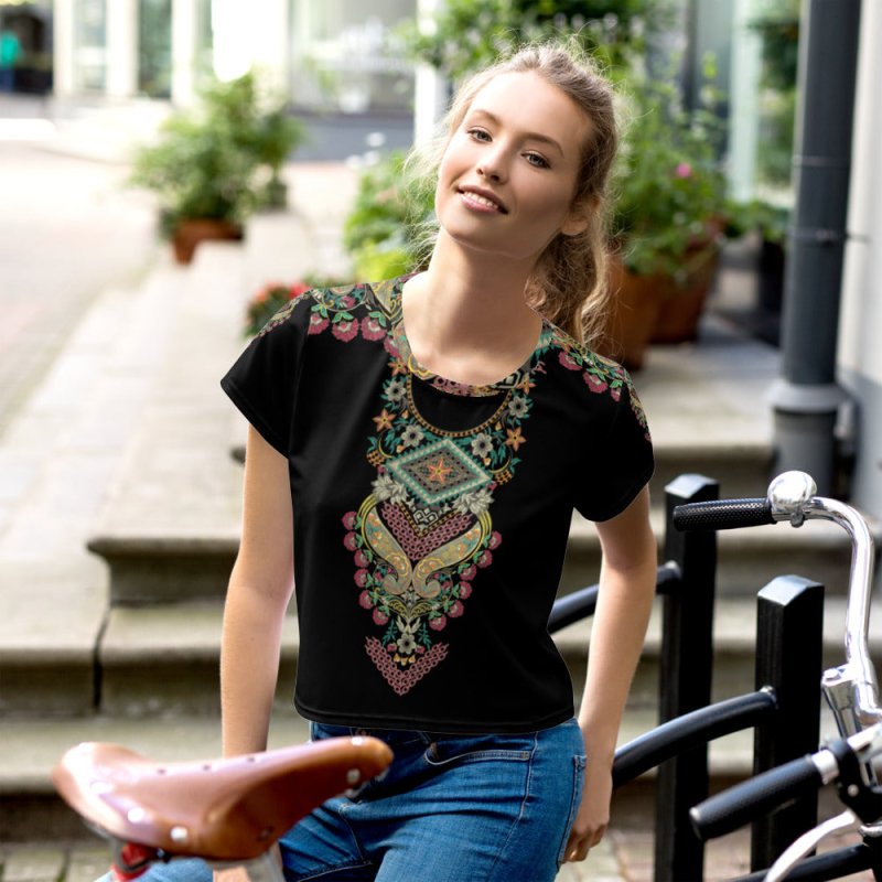 All-Over Print Crop Tee - Indian style ornament Black