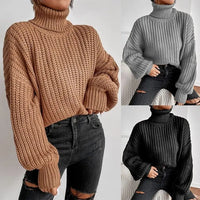 Autumn And Winter Fashion Fall Shoulder Long Sleeve Knitted Loose Pullover Turtleneck Sweater Women - Premium Shirts & Tops for sale