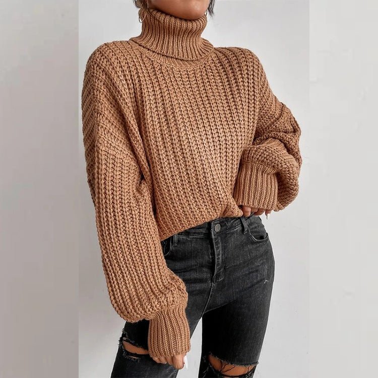 Autumn And Winter Fashion Fall Shoulder Long Sleeve Knitted Loose Pullover Turtleneck Sweater Women
